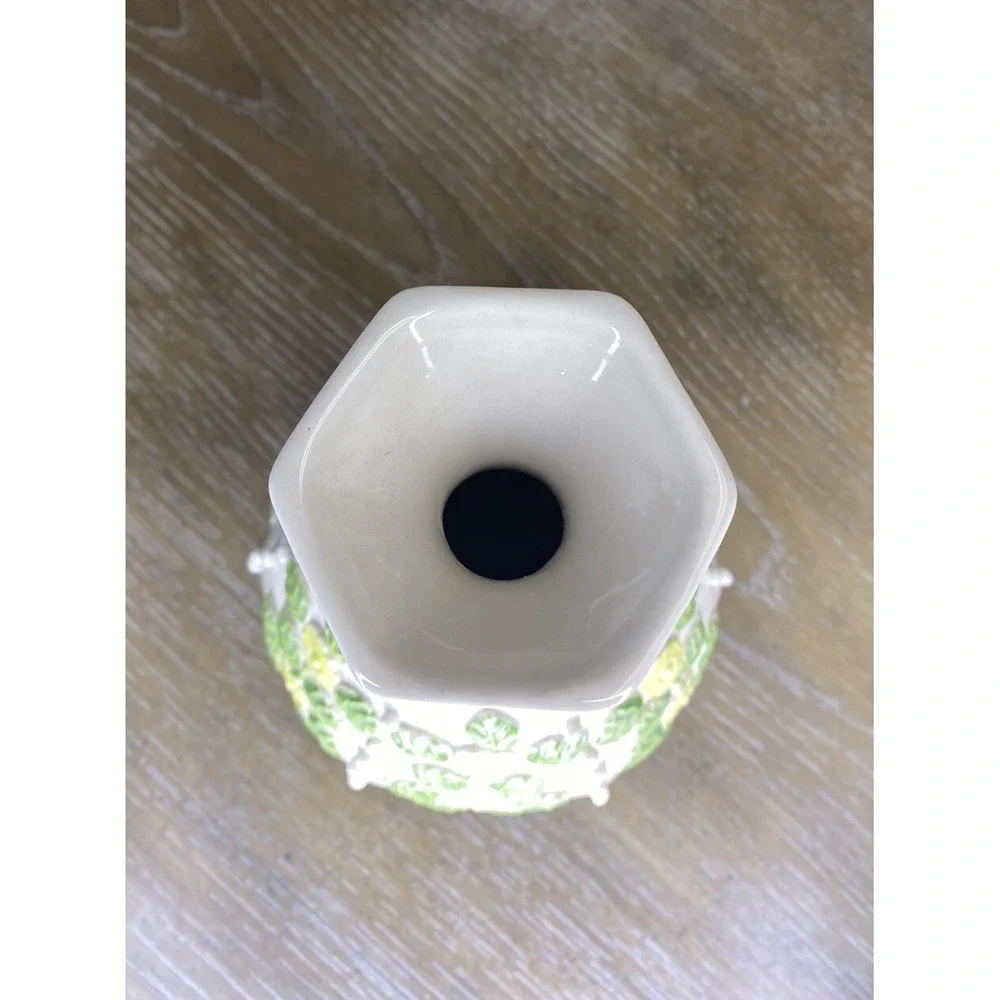 Anthropologie Vase Applied Flowers Yellow Green Leaf Vine Scroll Paneled